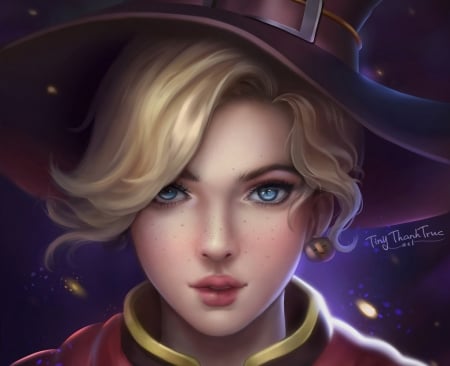 Mercy - hat, blue, girl, mercy, tinythanhtruc, fantasy, overwatch, purple, face, luminos