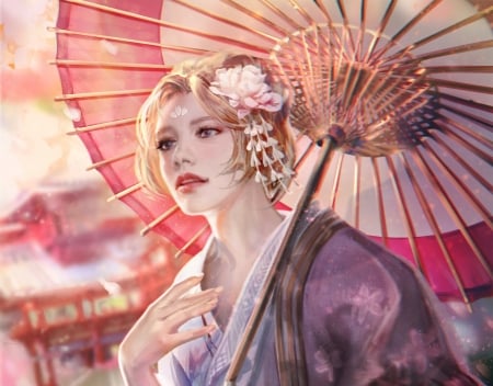 Geisha - geisha, songhee g, girl, kimono, pink, fantasy, umbrella, parasol, art