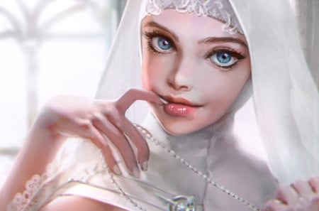 Nun - white, face, songhee g, girl, hand, blue eyes, nun, fantasy