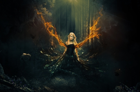 Angel in flame - girl, zacky7avenged, angel, flame, orange, dark, black, fantasy, fire, wings