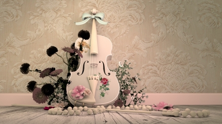 Violin - alrun steiner, violin, flower, pink, instrument, necklace, white, rose, pearl