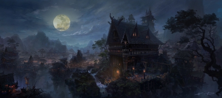 Moonlight - moon, village, art, blue, night, luna, kd stanton, fantasy