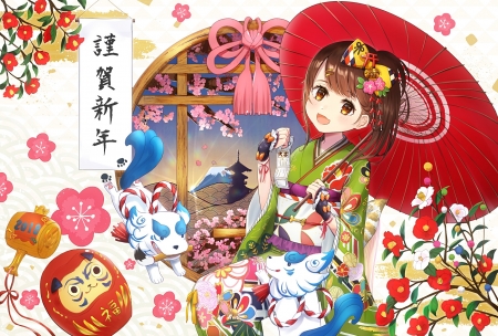 Chinese Zodiac ~ Dog - anime, chinese zodiac, girl, dog, flower, manga, umbrella, omelet tomato, parasol, red