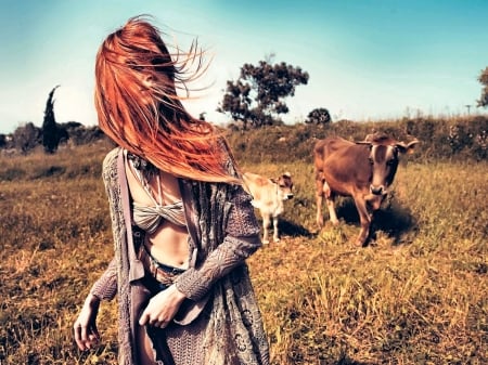 Cowgirl In Her Field . . - women, fun, female, models, western, cows, girls, cowgirl, style, outdoors, redhead, cattle, ranch