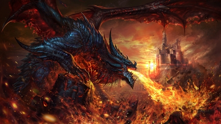 Up to the Castle - art, dragon, dark, fire