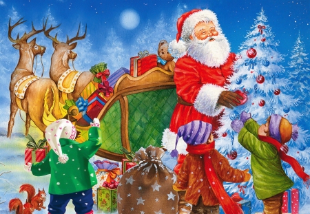 Santa delivers presents - sleigh, fun, kids, winter, presents, Santa, joy, tree, christmas, frost, reindeers, delivery