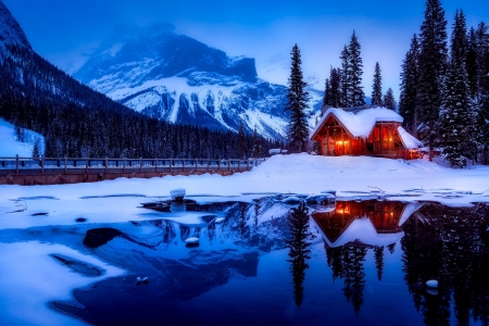 Sunset - snow, winter, log, mountains, sunset