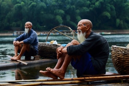 Two Chinese Men - china, people, men, basket, nature, river, bamboo, old, boat