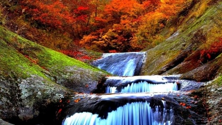 Autumn Waterfall - cascades, creek, moss, leaves, mountain, fall, nature, waterfall, autumn, red