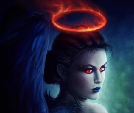 Angel - face, wing, girl, blue, halo, fire, fantasy, orange, luminos, angel