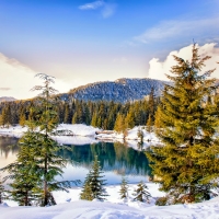 Winter landscape with mountain and lake