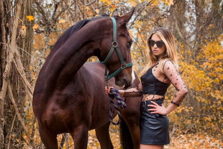 Beauty - woman, autumn, model, girl, brwon, horse