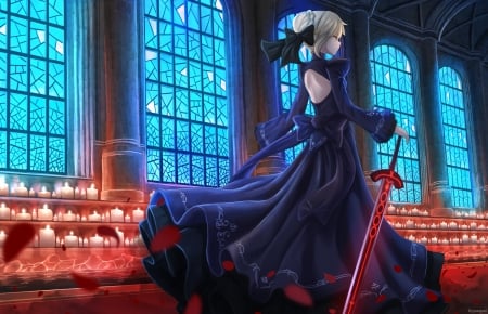 Saber - saber, candle, girl, fate, tagme, blue, orange, anime, sword, manga, dress