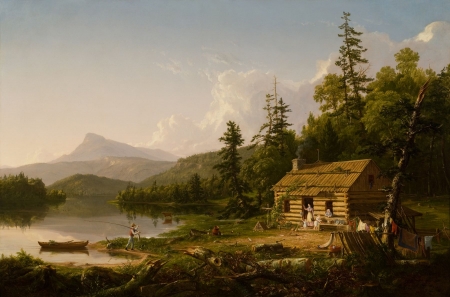 House in the woods - painting, art, woods, thomas cole, luminos, 1847, pictura, house