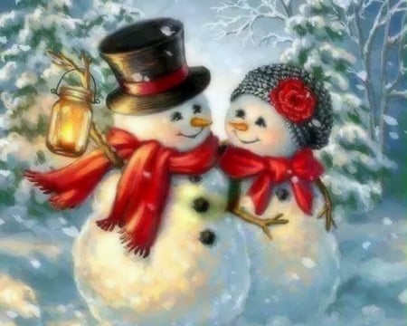 Lover of Snowman - snowman, winter, attractions in dreams, snow, holidays, xmas and new year, lantern, love four season, couple, Christmas, winter holidays, lovers