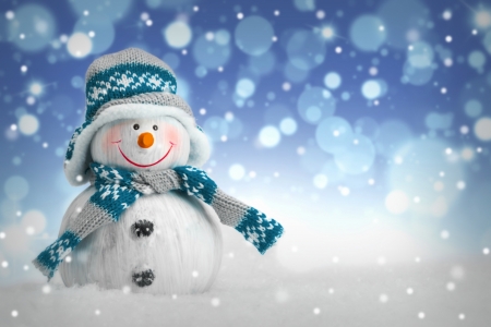 Snowman - hat, bokeh, white, snowman, winter, scarf, blue