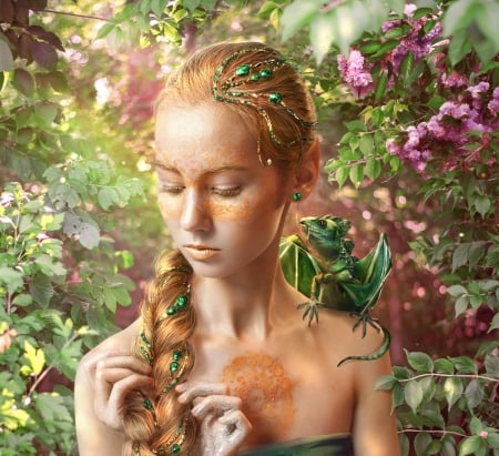 Sunny day - princess, elf, girl, ileeni, jewel, frumusete, pink, hand, luminos, dragon, green, flower, blonde, irina safronova