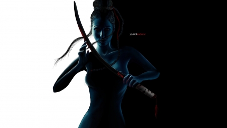 Samurai girl - black, fantasy, white, katana, girl, sword, samurai