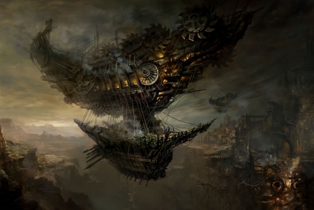 Airship - river, steampunk, city, mountains, art