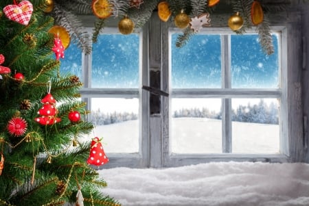 Christmas Window - Snow, Tree, Winter, Decorations, Gifts