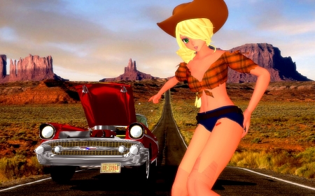 Cowgirl Road Assist . . - fun, girls, female, cowgirl, 57 chevy, hats, outdoors, fantasy, western, blondes, digital art