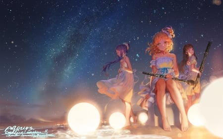 Summer night - anime, realistic, summer, alphonse, girl, manga, instrument, flute, luminos