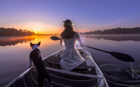 Sunset - animal, sunset, water, summer, boat, girl, dog, caine