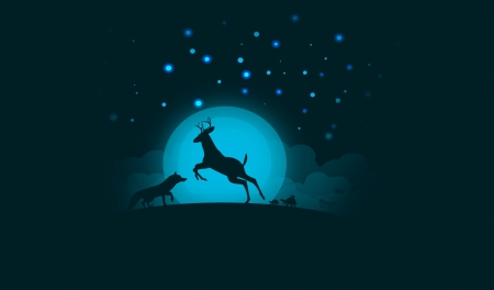 Fox and deer - moon, vulpe, blue, fox, silhouette, vector, night, deer, luminos, luna