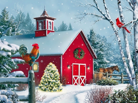 Winter barn - art, cold, cardinal, snow, beautiful, winter, christmas, barn