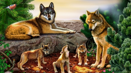 Family of Wolves - Firefox Persona theme, pups, wolf, lobo, rocks, wild, family, wolves