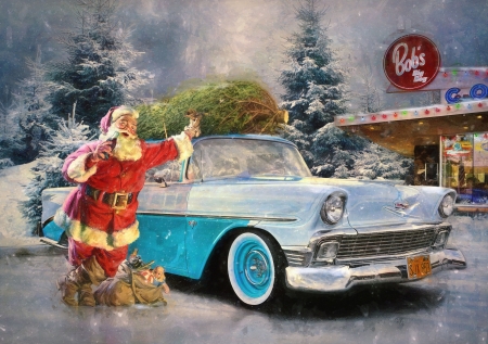 Santa - old man, blue, christmas, santa, pictura, car, craciun, vintage, red, painting, art, luminos