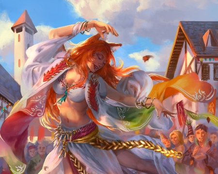 Lizen the Windcaller - fantasy, diegoocunha, orange, luminos, girl, dancer, fox, art