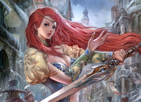 Fantasy girl - redhead, girl, game, luminos, legend of the cryptids, sword, fantasy, feng guo