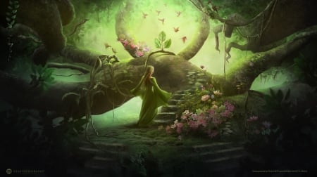 Desktopoland - forest, girl, luminos, adrianamusettidavila, green, fantasy