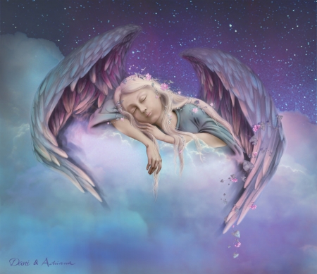 After a long day - sky, angel, girl, adrianamusettidavila, fantasy, purple, sleep, cloud, blue, luminos, blonde