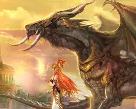 Priestess and dragon - girl, luminos, dragon, orange, priestess, fantasy, feng guo