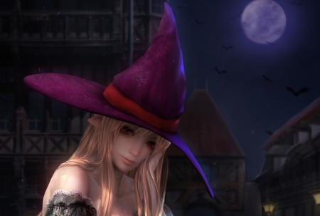 Witch - hat, moon, girl, piledriver, night, fantasy, purple, halloween, luminos, luna