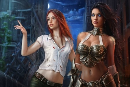 Elisa and Nicole - fantasy, jorsch, elf, luminos, girl, couple, frumusete, redhead