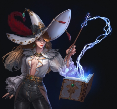 CatalystAmanda - hat, book, girl, witch, black, fantasy, yong jun park, spell, luminos