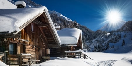 Cabins in South Tyrol, Italy - winter, alps, snow, mountains, sun, sky