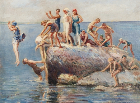 Bathing at Wickford - everett shinn, stone, summer, people, beach, rock, girl, bath, wickford, man, pictura, painting, woman, art, luminos