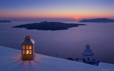 Light on Santorini - sky, lantern, volcano, cliffs, sea, nature