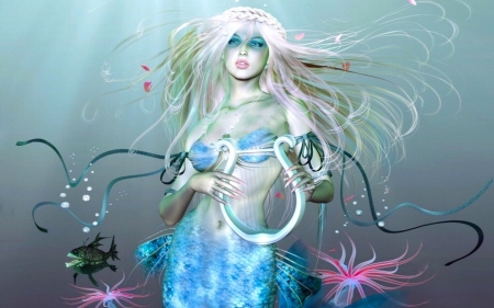 Mermaid and Her Harp - ocean, seas, blues, blonde hair, mermaid, magical, harp, dreamy