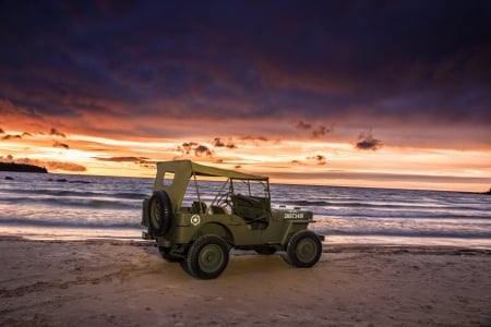 1944 willys mb jeep - jeep, beach, willys, sunset