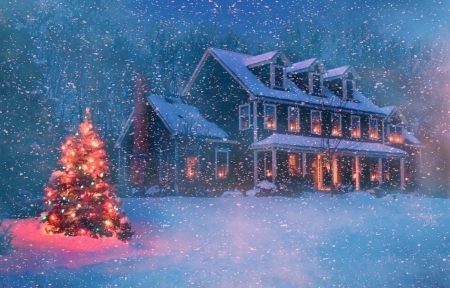 Christmas Night - trees, winter, snow storm, house, christmas