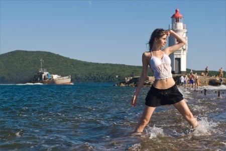 Amanda Cerny - women, water, lighthouse, beach, beautiful, boat, Amanda Cerny, sea, ocean, sand, personality, model