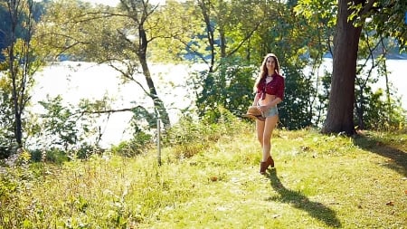 Walk By The River . . - women, girls, models, female, cowgirl, hats, boots, outdoors, western, brunettes, river, ranch