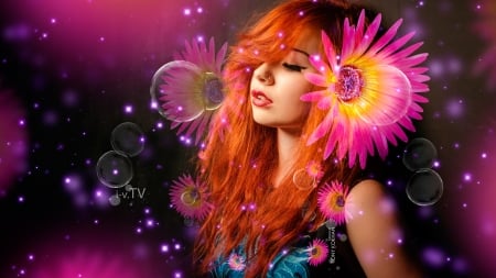 Redhead - yellow, tony kokhan, girl, flower, pink, orange, fantasy, redhead, womna, model, bubbles