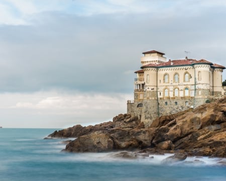 Boccale Castle on the Coast,Italy - sky, italy, castle, medieval, sea, rocks, coast