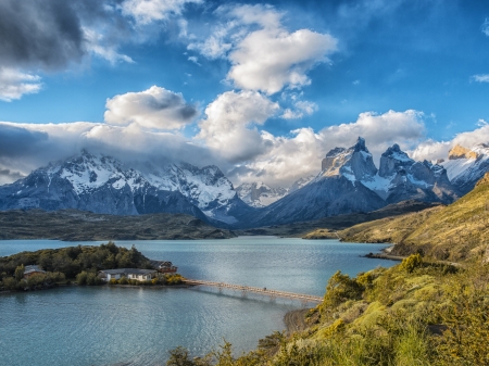 Mountain Under White Clouds by the Lake - clouds, nature, lake, mountain, sky